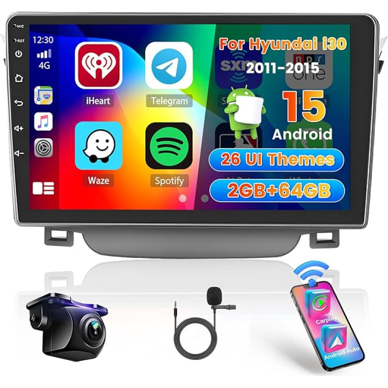 Hikity 2+64G Car Radio Navigation for Hyundai i30 2011-2015 with Wireless Carplay Android Car Mirror Link, 9 Inch Touchscreen Android 13 Radio Bluetooth with GPS WiFi EQ FM RDS SWC MIC Reversing