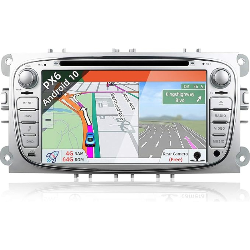 JOYX PX6 Android 10 Car Radio Suitable for Ford Focus/Mondeo/S-Max/C-Max/Galaxy - GPS 2 Din - Rear View Camera Canbus Free - 4G + 64G - 7 Inch - Supports DAB+ Steering Wheel Control 4G WiFi Bluetooth