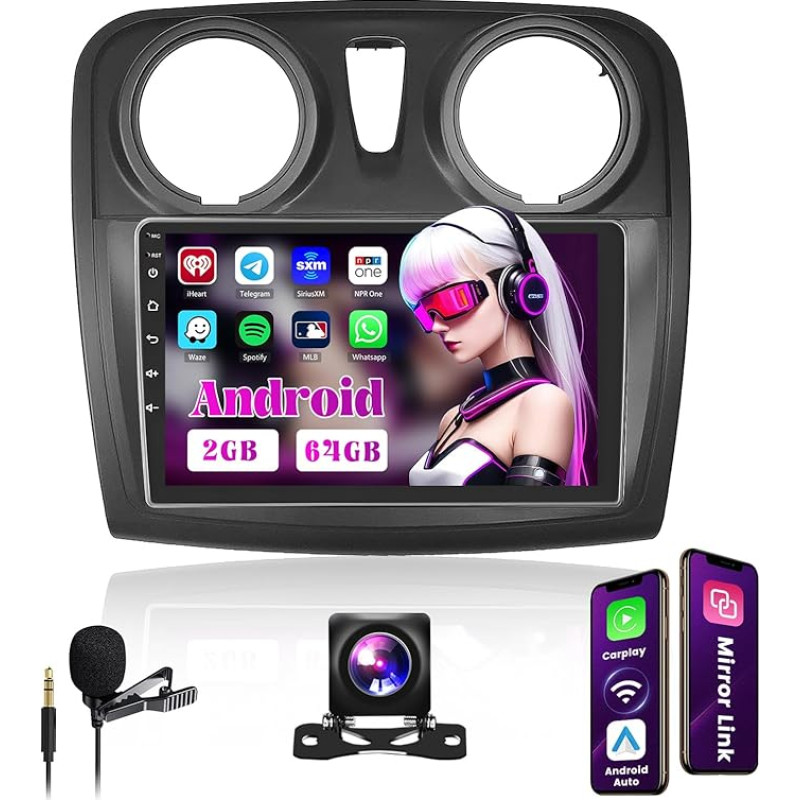 2 + 64 GB Android Car Radio for Renault, Dacia Sandero 2014-2017 Wireless Carplay Android Car, 9 Inch Screen, Bluetooth Car Radio, Sat Nav, Reversing Camera, WiFi FM RDS Radio SWC