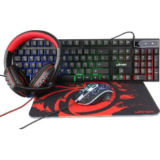 Ultron Hawk Keyboard Mouse Set Gaming 4 in 1 PC Pack Combo - RGB Backlight Keyboard [QWERTZ DE Layout] - Mouse [up to 6400 DPI] - Gaming Headset & Mouse Mat for PC, Xbox, PS4, Black/Red