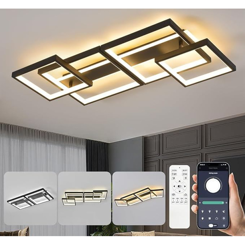 LED Ceiling Light, Dimmable Ceiling Light with Remote Control App, Adjustable Square Living Room Lamp 4 Bulbs Chandelier Lamp, 48 W 3000-6500 K Ceiling Lighting for Bedroom Living Room, Black, 86 cm