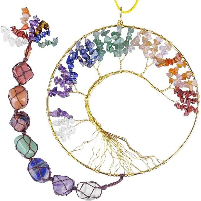Nupuyai 7 Chakra Healing Crystals Tree of Life Wall Hanger Tumbled Stones Meditation Hanging Ornament Window Wedding Home Decor