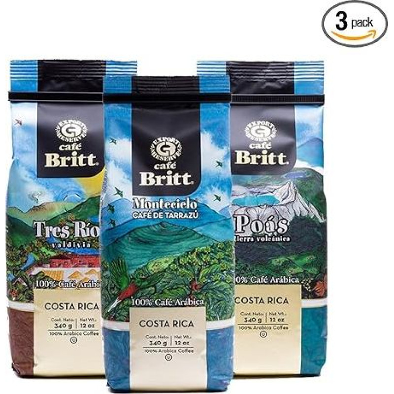 Café Britt® - Costa Rican Origins Coffee Bundle (12 oz.) (3 Pack) (Tarrazú, Tres Ríos & Poás) - Whole Bean, Arabica Coffee, Kosher, Gluten Free, Gourmet & Medium Light & Dark Roast