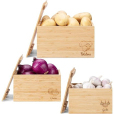 Navaris 3 x Food Containers - Stackable Bamboo Boxes - Rustic Storage Containers for Potatoes Onions Garlic - Set of 3