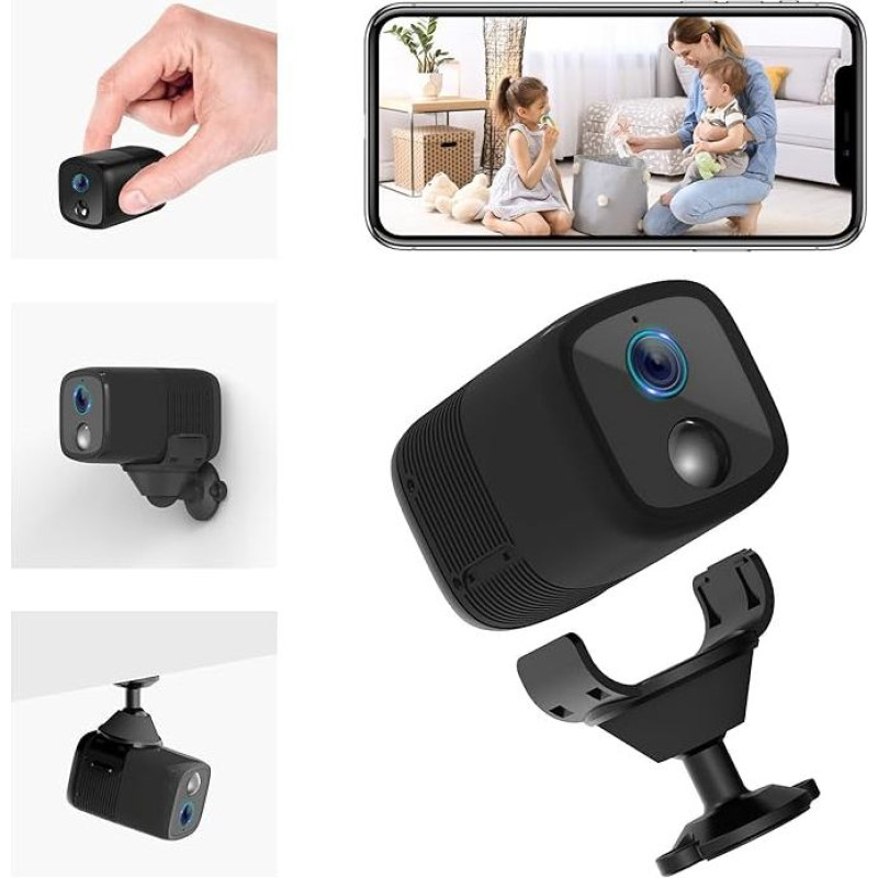 UCOCARE Mini Camera WiFi, Indoor Wireless Surveillance Camera with 5200 mAh Battery, HD Mini Camera, 160° Wide Angle, PIR Humanoid Detection Alarm, IR Night Vision, WLAN 2.4GHz