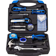 Universalus buitinių įrankių dėžutės įrankių rinkinys 26 dalių su replėmis / reguliuojamu raktu / atsuktuvu / plaktuku / juostiniu matuokliu
