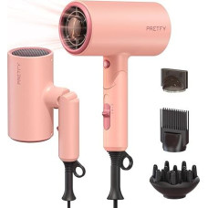 Pretfy plaukų džiovintuvas Joninis plaukų džiovintuvas, 2000 W profesionalus plaukų džiovintuvas, sulankstomas plaukų džiovintuvas, kelioninis plaukų džiovintuvas su 3 karščio nustatymais, šalto oro mygtukas, su difuzoriumi, šepečiu, antgaliu (rožinis)