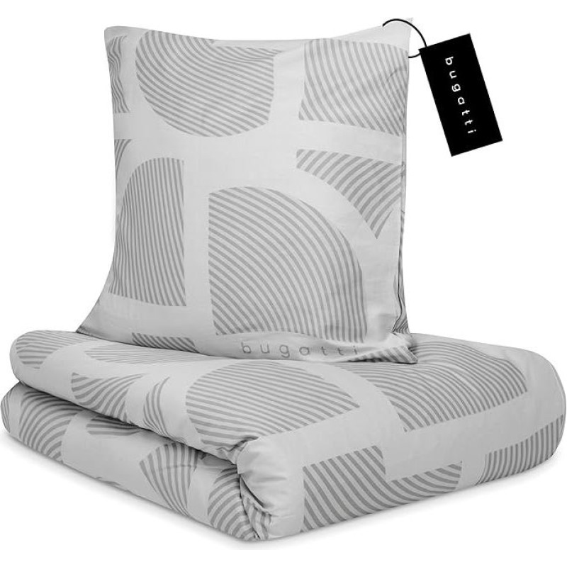 bugatti Bed Linen 135 x 200 cm - 100% Cotton, Zip, Cuddly, Soft & Washable, Satin Bed Linen Grey Graphic Pattern