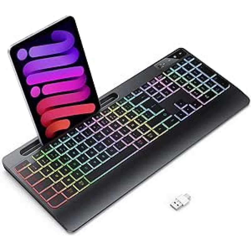 Wireless Keyboard with Backlight - Gamer Keyboard Wrist Support, Phone Holder, Computer Keyboard 2.4G Ergonomic Rechargeable Quiet Keyboard for Windows, Mac, PC