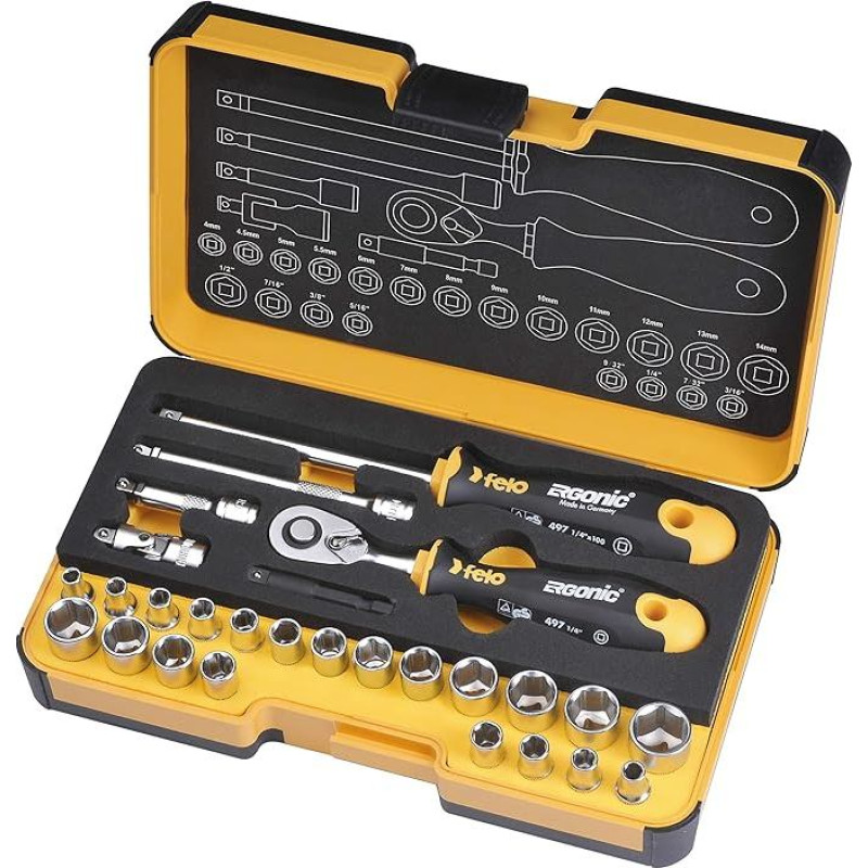 Felo Ergonomic Ratchet Tool Set with Sockets Inch/Metric 27 Pieces