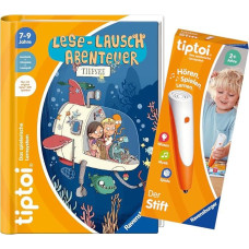 Ravensburger rinkinys: Ravengerio rinkinys: Skaitymas Lausch-Abenteuer | Tiefsee (Knyga vaikams) + 00801 Rašiklis su įrašymo funkcija + 1x Sukurti lipduką