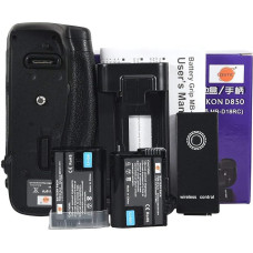 DSTE MB-D18 akumuliatoriaus laikiklis su infraraudonųjų spindulių nuotolinio valdymo funkcija + 2x EN-EL15 akumuliatorius, skirtas Nikon D850 skaitmeniniam veidrodiniam fotoaparatui