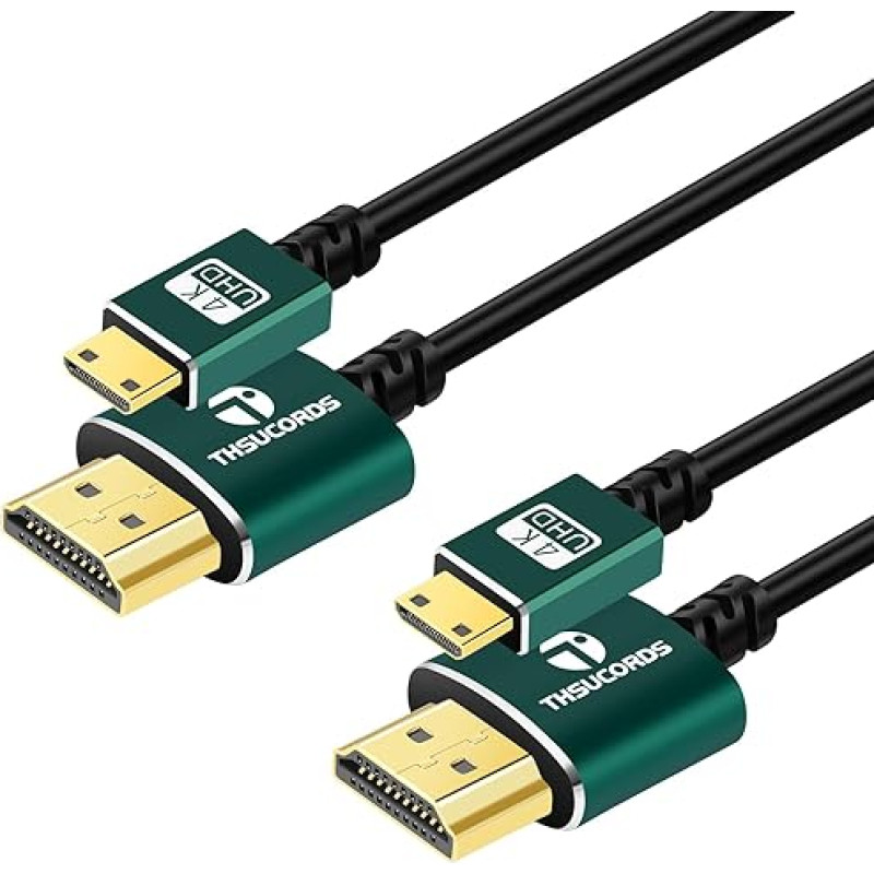 Thsucords Hyper Slim Mini HDMI to HDMI Cable 2 m Pack of 2, Ultra Thin and Flexible HDMI Mini Cable Supports 3D/4K @ 60Hz/18Gbps/1080P Compatible with Laptop, TV, Monitor, Projector