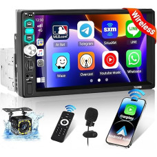 Hikity 1 DIN Car Radio with Wireless Carplay Android Car 7 Inch Touch Display Radio with Bluetooth Handsfree FM Radio with USB/AUX + Reversing Camera