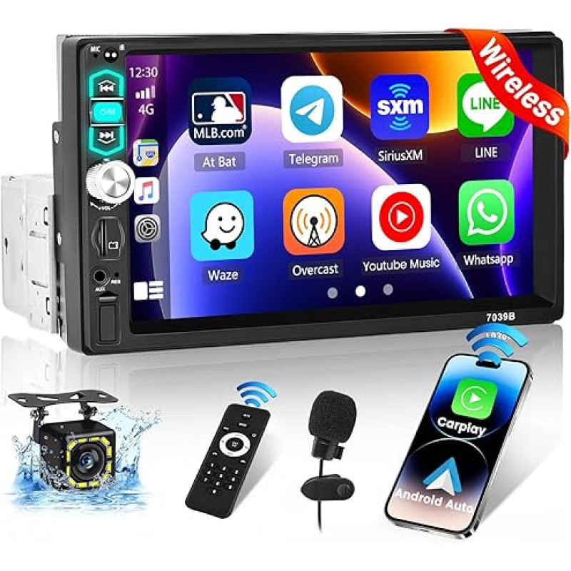 Hikity 1 DIN Car Radio with Wireless Carplay Android Car 7 Inch Touch Display Radio with Bluetooth Handsfree FM Radio with USB/AUX + Reversing Camera