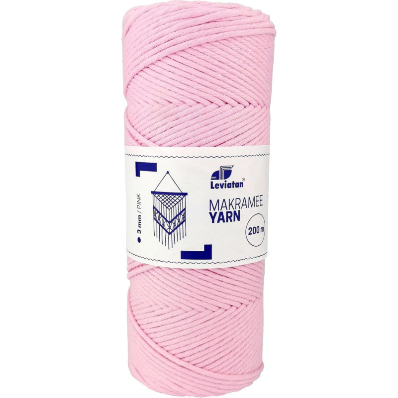 LEVIATAN 110943 Natural Yarn 200 m Super Soft Cord Single Twist 100% Macrame Cotton Thread Rope for Crafts, Wedding and Christmas Decorations Pink, 3 mm x 200 m