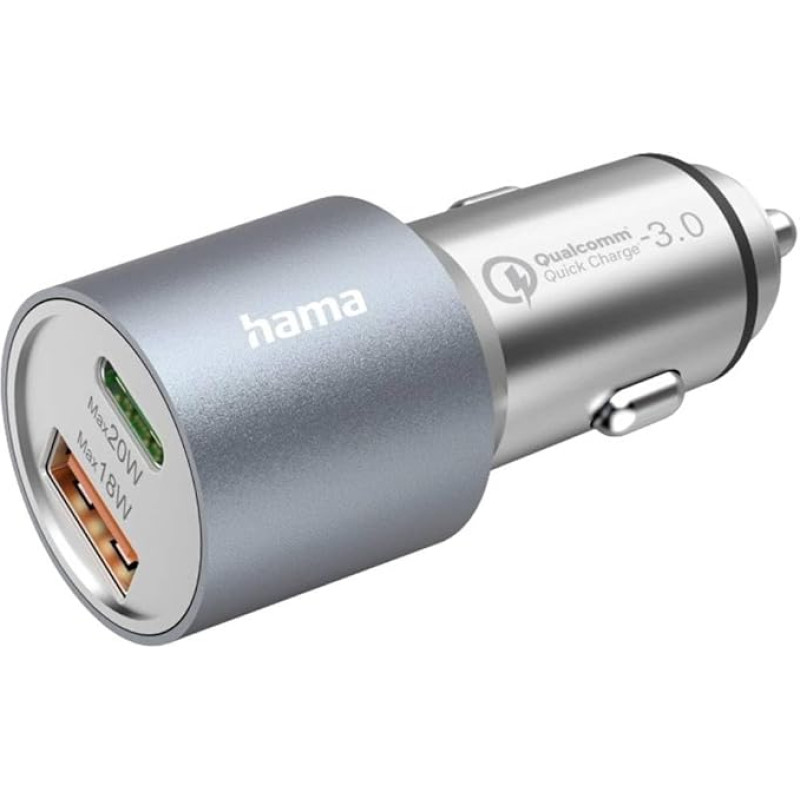 Hama Car Charger, Car Quick Charger 38 Watt USB C + USB A (2 Port Cigarette Lighter Charger Plug for Smartphone, Multiple Charging Adapter with Power Delivery and Qualcomm Quick Charge) Metal