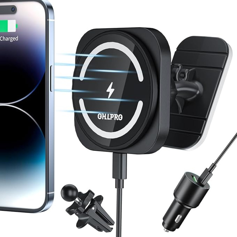 OHLPRO Car Mobile Phone Holder with Charging Function, Compatible Magsafe Car Mount [With QC 3.0 Adapter] 15W Fast Charge and iPhone 16, 15, 14, 13, 12, Pro, Pro Max, Plus, Mini Magsafe Car Mount