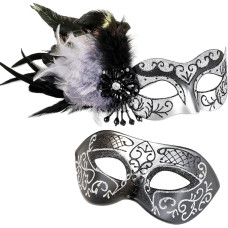 MYSEUNI Silver Masquerade Mask for Couples Masquerade Mask for Women with Feathers and Venetian Half Mask Halloween Masquerade Party Carnival Halloween Cosplay Prom Christmas