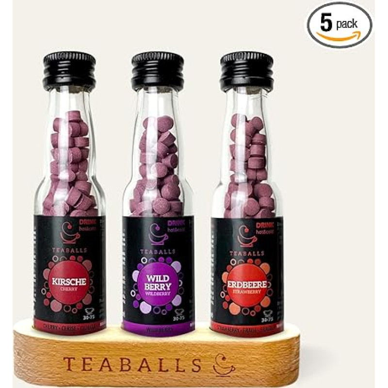 TEABALLS Fruit Tea Set with Set of 3 Strawberry, Wildberry, Cherry + Free Wooden Stand Gift Set Makes 90-225 Cups Cold Iced Tea & Hot Fruit Tea Without Sugar Instant Powder