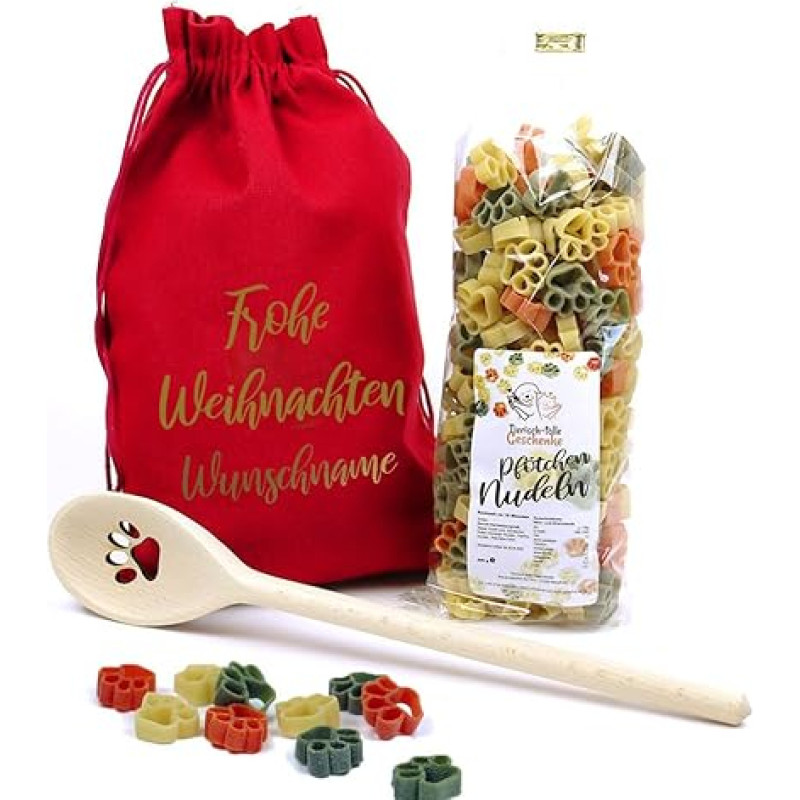 Dog Fan Christmas Gift Set with Cooking Spoon, 250 g Paw Pasta and Personalised Gift Bag