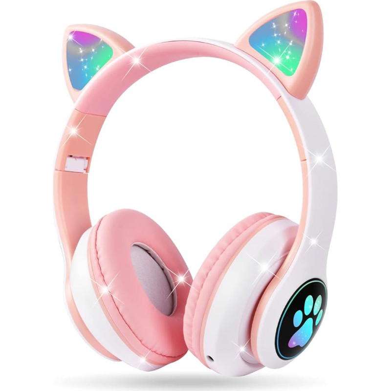 AXFEE Children's Headphones, Bluetooth, Girls' Cat Ear Over-Ear with LED Light, Foldable Stereo Wireless, Microphone, Micro SD/TF for Mobile Phone/Tablet/PC