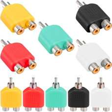 Xiatiaosann RCA Male to 2X RCA Female Y Adapter Splitter 1 Male to 2 Female Colorful RCA Audio Converter for Audio Video AV TV (Pack of 10, 5 Colors)