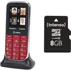 Olympia 2220 Joy II Mobile Phone/Senior Mobile Phone (Large Buttons, Emergency Button, Large Button Mobile Phone, Suitable for Seniors) Red & Intenso microSDHC 8GB Class 10 Memory Card with SD