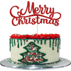 Gyufise 1 Pack Merry Christmas Cake Topper Red Glitter Xmas Holiday Cake Decorations for Winter Christmas Santa Happy New Year Party Supplies Decoration