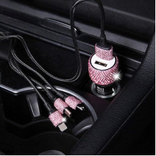 Cigarette Lighter USB Charger Rhinestones Crystal Bling Glitter Diamond Car Charger Dual USB Car Charger Compatible with iPhone GalaxyHuawei Car Mobile Phone Chargers & Quick Charging Cable, Pink