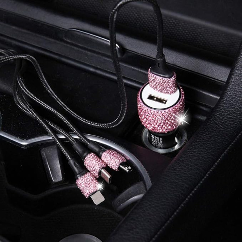 Cigarette Lighter USB Charger Rhinestones Crystal Bling Glitter Diamond Car Charger Dual USB Car Charger Compatible with iPhone GalaxyHuawei Car Mobile Phone Chargers & Quick Charging Cable, Pink