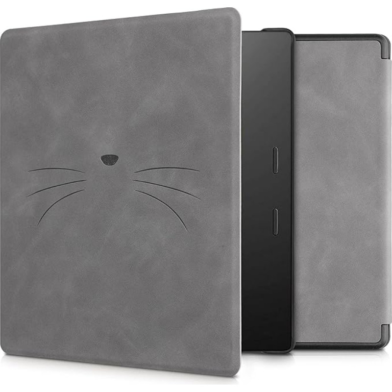 kwmobile Case Compatible with Amazon Kindle Oasis 10th Generation - Faux Leather eReader - Cat MIAU Grey