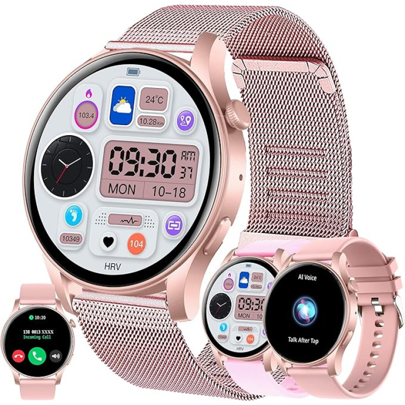 Women's Smartwatch with Phone Function, 1.43 Inch AMOLED Fitness Watch with 100+ Sports Modes, Heart Rate Monitor, Sleep Monitor, Pedometer, Fitness Tracker Compatible with Android/iOS, 3 Bracelets,