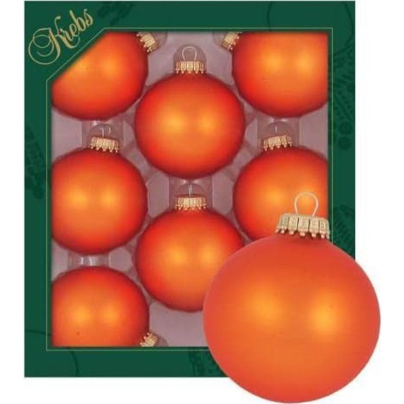 Lauschaer Christmas Tree Decorations – Set of 8 Baubles Plain Matt Orange, 6.7 cm, with Golden Crown + 50 Quick Hangers in Gold