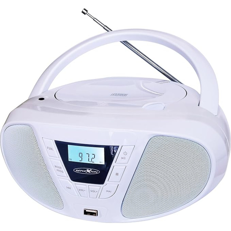 Reflexion CDR614UWH Portable CD FM PLL-USB Stereo Radio (2 x 16 Watt Max Music Power), USB for MP3 Playback, 3.5 mm Aux-In Connection, Programming Function (CD: 20 Tracks), White