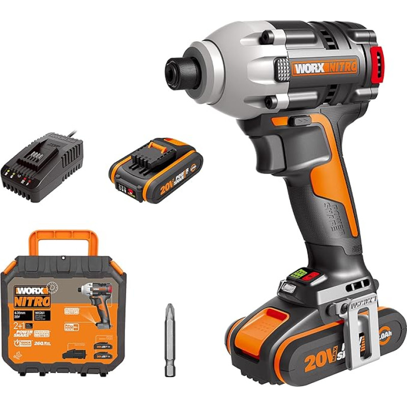 WORX NITRO WX261 akumuliatorinis smūginis veržliaraktis 20 V - bešepetėlinis variklis - akumuliatorinis atsuktuvas su šešiakampiu lizdu (mediena / montavimo konstrukcijos) - 230 Nm sukimo momentas - ergonomiškas dizainas - su 2 x 2,0 Ah akumuliatoriais