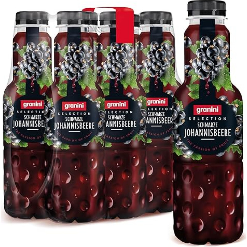 granini Selection Juodųjų serbentų nektaras (6 x 0,75 l), tiesioginis sulčių nektaras su mažiausiai 25 % vaisių, juodųjų serbentų nektaras sulčių purkštuvui, daug vaisių, veganiškas, be želatinos, su indėliu