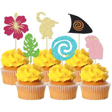 Gyufise 24 vnt Moana blizgučiai palmių lapų gėlė Moana Cupcake Toppers Cupcake Toppers Tropinių Havajų Luau tema Kūdikių dušas gimtadienio šalis