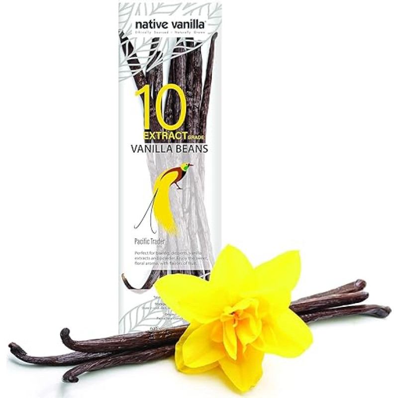 Native Vanilla - Tahitian vanilla pods for vanilla extract, 10 pieces, 11-14 cm, high-quality pods.