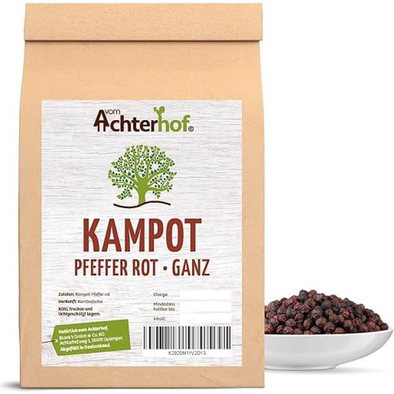 Kampoto pipirai Raudonieji 100 g geriausių pipirų grūdelių iš Kambodžos, idealiai tinkančių pipirų malūnėliams