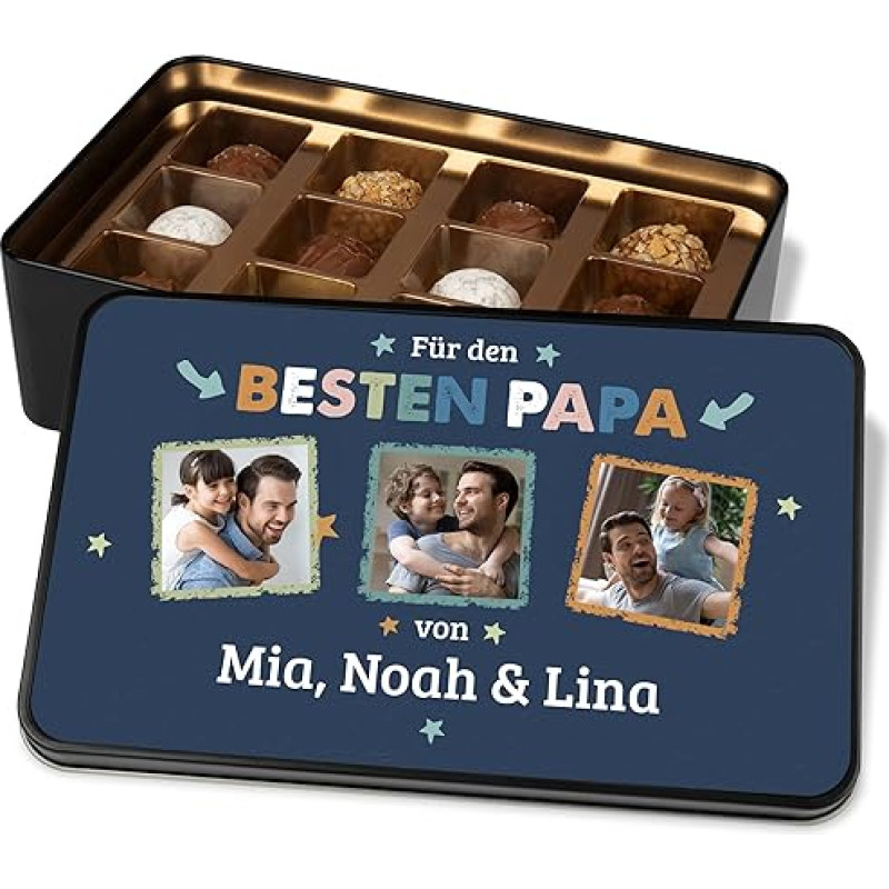 Nuotraukų dovana Tėvo dienos gimtadienio proga: Šokolado skardinė su 3 nuotraukomis ir pageidaujamu tekstu - metalinė skardinė su 12 šokoladinių saldainių - šokolado dovanų idėjos
