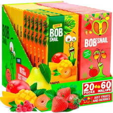 Bob Snail Healthy Sugar-free Fruit Bar Snacks - 60 Fruit Roll Ups Individually Packed for Children and Adults with Strawberries Mango Raspberry Pear - Sugar Free Low Carb Low Calorie Sweets