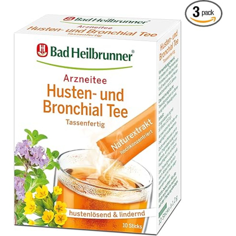 Bad Heilbrunner Cough and Bronchial Tea in Stick, Ready to Cup, Pack of 3 (3 x 10 Sticks)