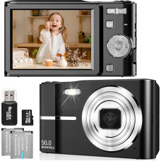FAYIBUY Skaitmeninis fotoaparatas 50MP 1080P FHD Fotoaparatas su automatiniu fokusavimu 16X skaitmeninis priartinimas Nešiojamas kompaktiškas fotoaparatas su 32GB SD kortele vaikams paaugliams Pradedantiesiems Dovana (juoda)