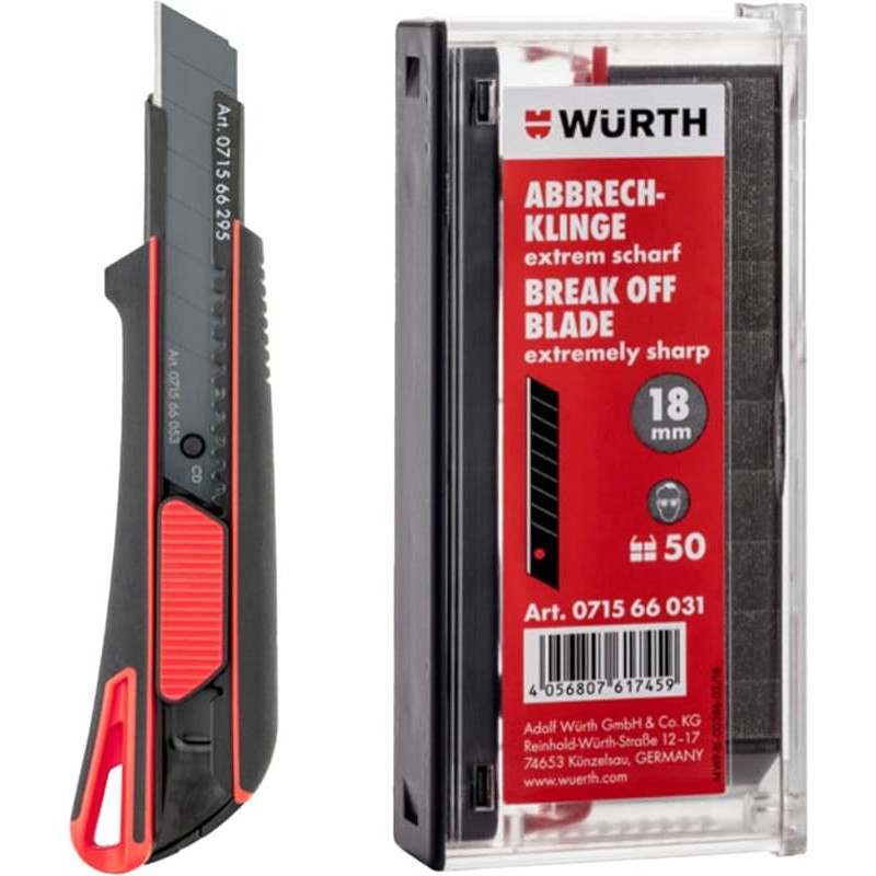Würth Utility Knife 071566295 Carpet Knife 18 mm with 3 Snap-off Blades and 50 Additional 18 mm Snap-off Blades Extremely Sharp in Dispenser