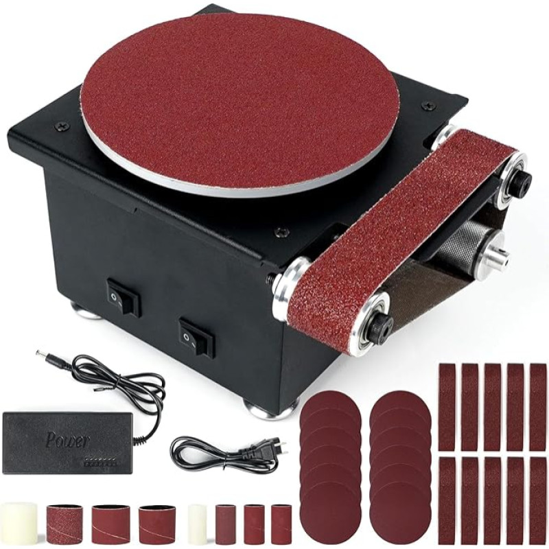 Belt and disc sander, 350 W power, diameter of the sanding disc, 150 mm, mini belt sander, supplied with 10 sheets of sandpaper and 10 sanding belts, suitable for sanding metal, wood, etc