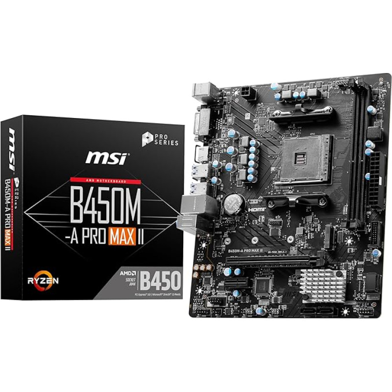 MSI B450M-A Pro Max II Micro ATX Motherboard for AMD Ryzen 5000, 4000, 3000, 2000, 1000, AM4 Processors DDR4 Memory Boost 4133+MHz/OC, PCIe 3.0 x16 Slot, M.2 Gen3 2.5G LAN
