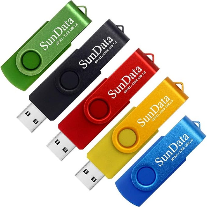 SunData USB 2.0 Flash Drives 32 GB Flash Drive Thumb Drives Memory Sticks Rotate Metal (5 Mixed Colours: Black, Blue, Green, Red, Gold) Pack of 5