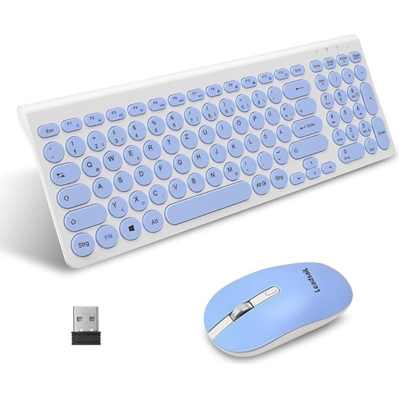 LeadsaiL, Wireless Keyboard Mouse Set, Ergonomic Mouse and Keyboard, Wireless PC Keyboard and Mouse, German QWERTZ Layout, Quiet Keyboard and Mouse Buttons, MacOS PC, Laptop, Blue