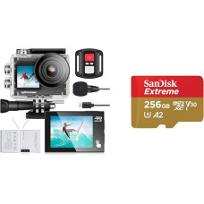 Exprotrek Action Cam, 4K 30fps Ultra HD, 30 m 100 ft Waterproof Underwater Camera & SanDisk Extreme microSDXC UHS-I Memory Card 256 GB + Adapter